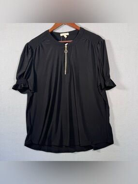 Black Short-Sleeve Zip Front Blouse with Ruffle Sleeves